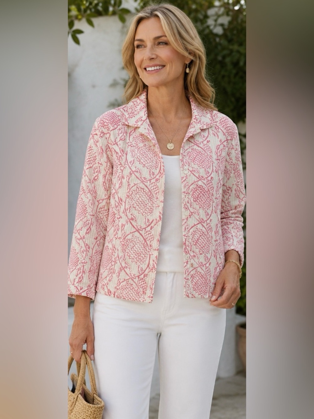 NWT ANU by Natural Reversible Pink Poppy Jacket 100% Cotton Block Print Boho |L